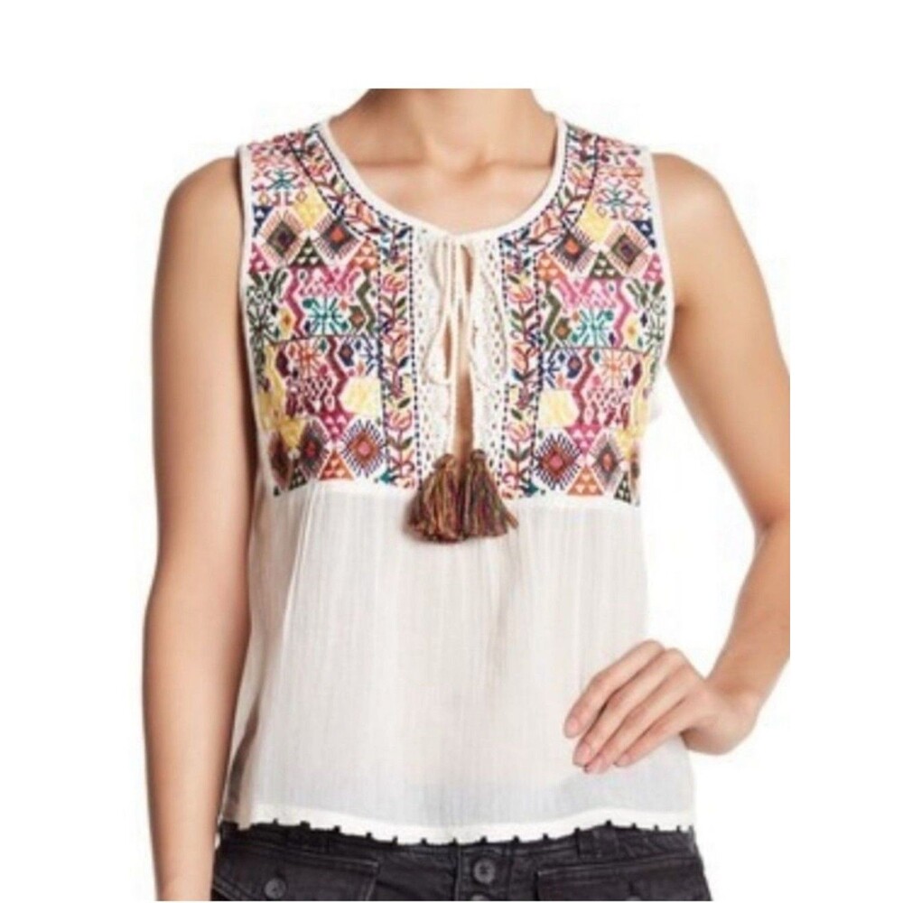 Free People Tassel Tank Top White Embroidered Cotton Gauze Boho Women's XS